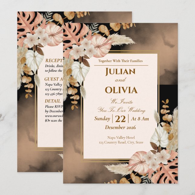 Luxury Boho Black and Brown Wedding Invitation (Front/Back)