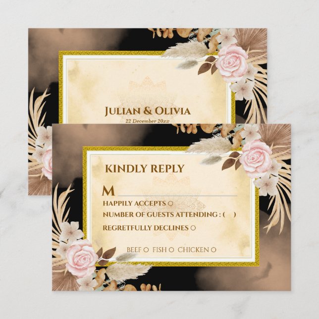 Luxury Boho Black and Gold RSVP Card (Front/Back)