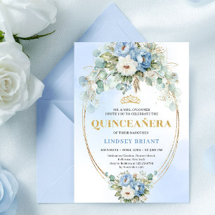 Luxury Boho Blue Floral Quinceañera 15th Birthday Invitation