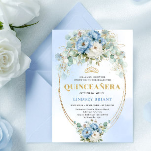 Luxury Boho Blue Peonies Quinceañera Printable Invitation