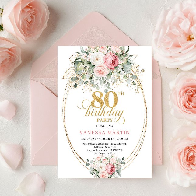 Luxury Boho Blush Floral Greenery Gold 80 Birthday Invitation (Luxury Boho Blush Floral Greenery Gold 80th Birthday)