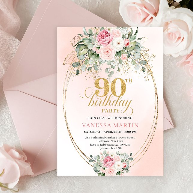 Luxury Boho Blush Rose Greenery Gold 90th Birthday Invitation (Luxury Blush Rose Greenery Gold 90th Birthday Invite)