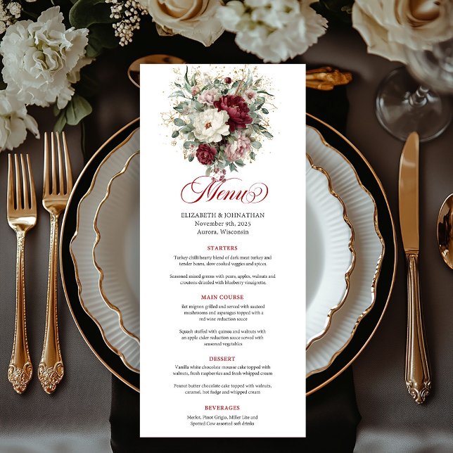 Luxury Boho Burgundy Floral Gold Menu Card (Luxury Boho Burgundy Floral Gold Menu Card)