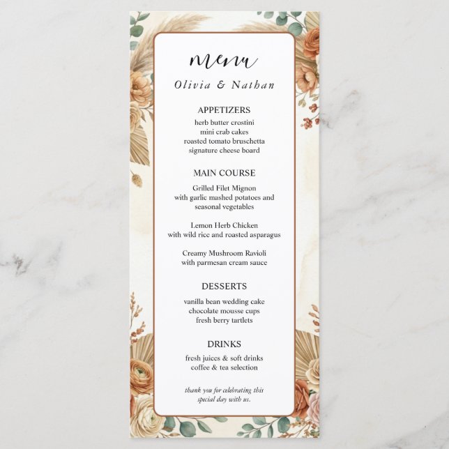 Luxury Boho Floral Pampas Wedding Menu Card (Front)