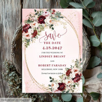 Luxury Boho Maroon Blush Gold Roses Save Date