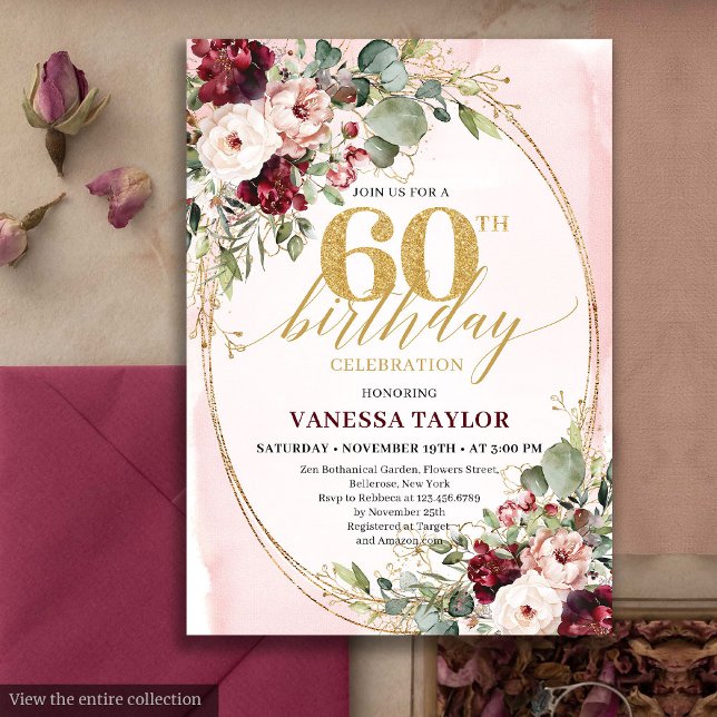 Luxury Boho Maroon Gold Floral 60th Birthday Card (Luxury Boho Maroon Gold Floral 60th Birthday)