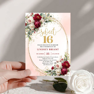 Luxury Boho Maroon Gold Floral Sweet Sixteen Invit Invitation