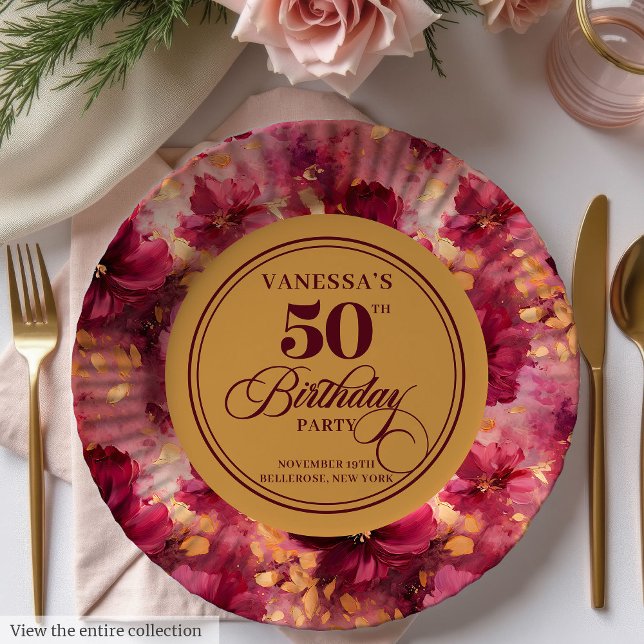 Luxury Boho Marsala Blush Gold 50th Birthday Plate (Luxury Boho Marsala Blush Gold 50th Birthday Plate)
