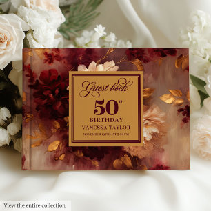 Luxury Boho Marsala Blush Gold Floral 50 Birthday Guest Book