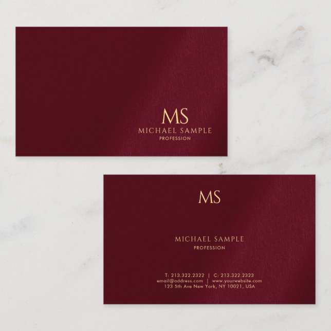 Luxury Bordeaux Elegant Gold Text Monogram Business Card (Front/Back)