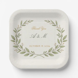 “Luxury Botanical Crest Wedding Cocktail Paper Plate