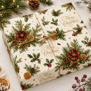 Luxury Botanical Merry Christmas Script Holiday Wrapping Paper
