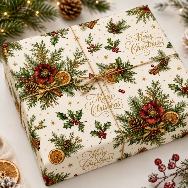 Luxury Botanical Merry Christmas Script Holiday Wrapping Paper (Creator Uploaded)