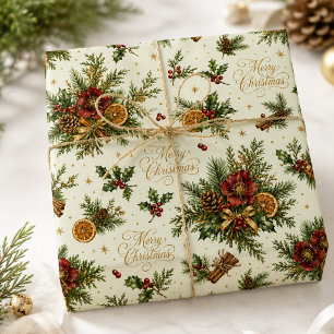 Luxury Botanical Merry Christmas Script Sage Cream Wrapping Paper