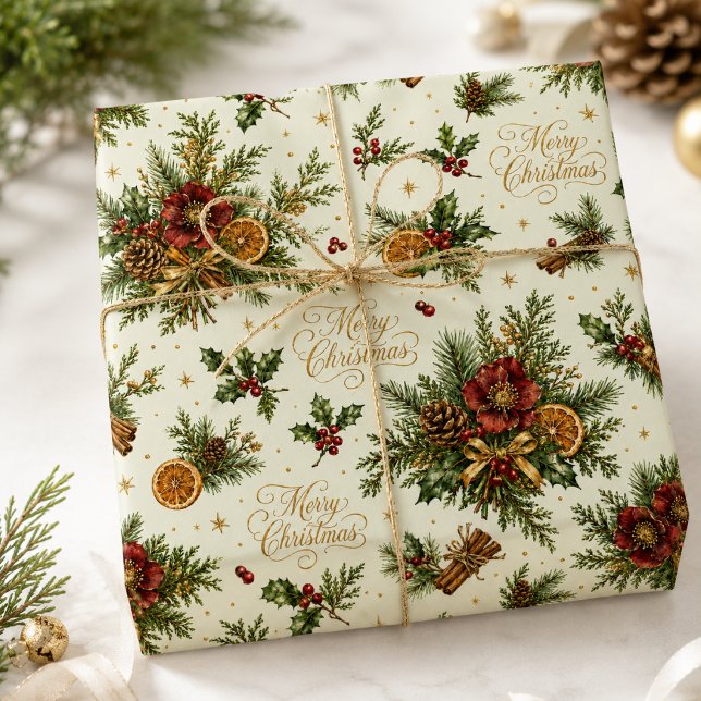 Luxury Botanical Merry Christmas Script Sage Cream Wrapping Paper (Creator Uploaded)