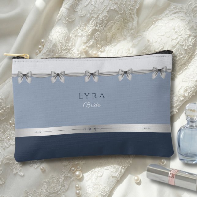 Luxury Bride | Slate Blue Wedding Day Accessory Pouch (Luxury Something Blue Bride makeup bag on bridal lace. Slate blue & silver coquette bow design.)