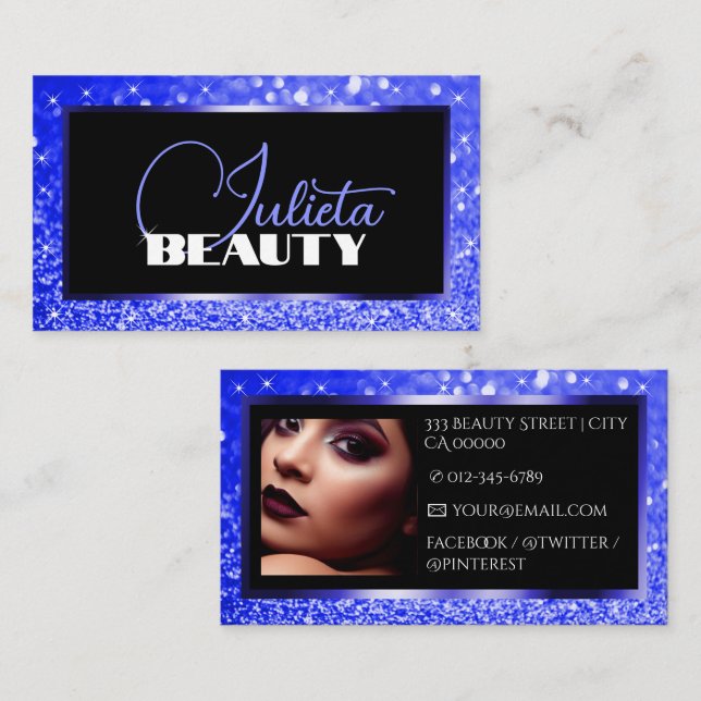 Luxury Bright Blue Sparkle Glitter Photo Template Business Card (Front/Back)