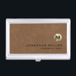 Luxury Brown Suede Gold Monogram Business Card Holder<br><div class="desc">Simple modern design with luxury brushed metallic gold monogram medallion with personalised name and title or custom text below in classic block typography on a brown suede leather textured background. Personalise for your custom use.</div>