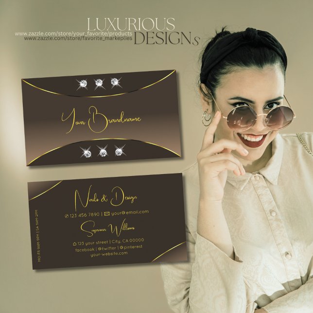 Luxury Brown with Gold Ornate and Sparkle Diamonds Business Card (Creator Uploaded)