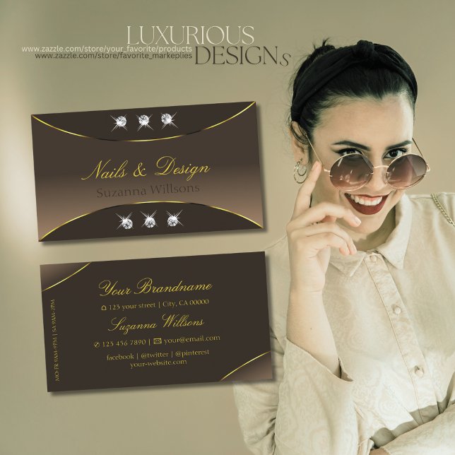 Luxury Brown with Gold Ornate Sparkling Diamonds Business Card (Creator Uploaded)