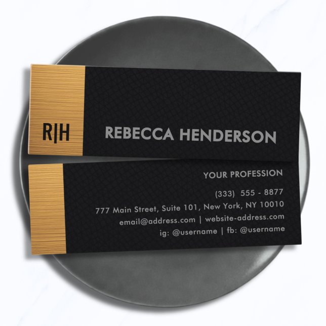 Luxury Brushed Gold & Black Leather Monogram  Mini Business Card (Creator Uploaded)