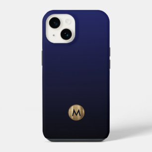 Luxury Brushed Gold Monogram Navy Blue iPhone 14 Case