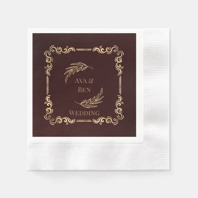 Luxury Burgundy and Gold Flourishes Wedding Napkin (Front)
