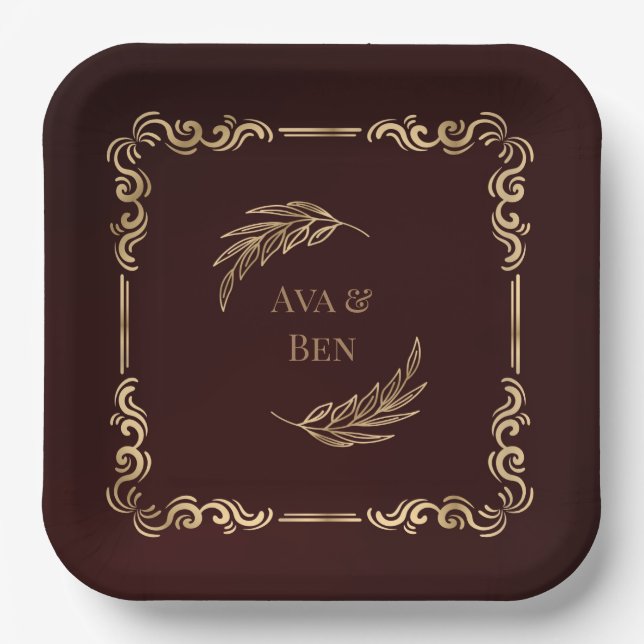 Luxury Burgundy and Gold Flourishes Wedding Paper Plate (Front)