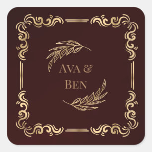 Luxury Burgundy and Gold Flourishes Wedding Square Sticker