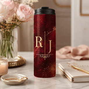 Luxury Burgundy and Gold Marble Monogram Thermal Tumbler