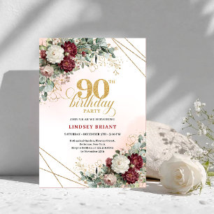 Luxury Burgundy Boho Floral Greenery 90th Birthday Invitation
