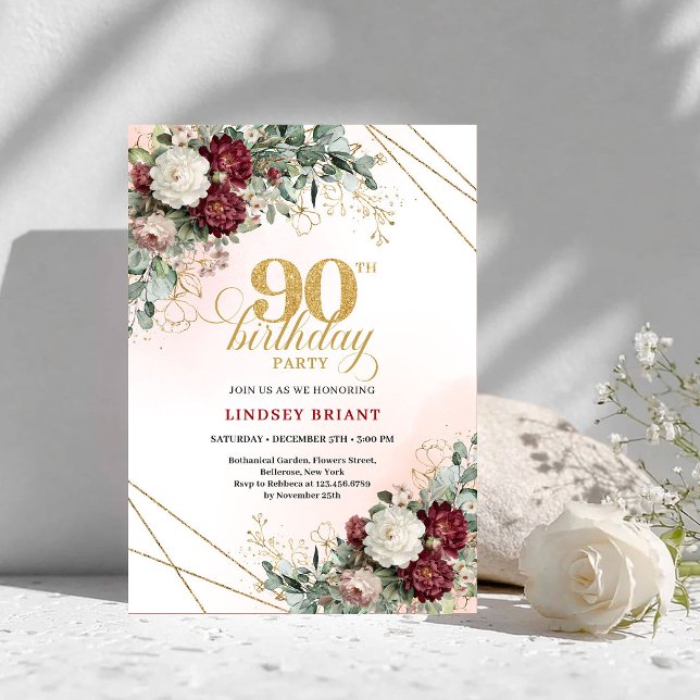 Luxury Burgundy Boho Floral Greenery 90th Birthday Invitation (Luxury Burgundy Floral Greenery 90th Birthday Invite)