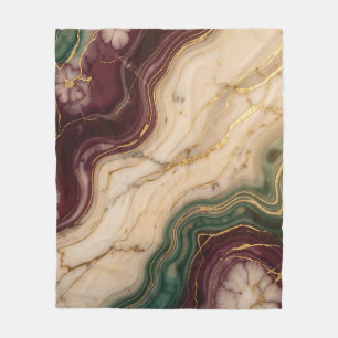 Luxury Burgundy Emerald Green Gold Marble Floral Fleece Blanket