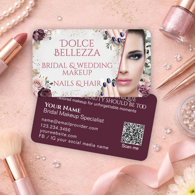 Luxury Burgundy Floral Bridal Makeup Artist Business Card (Creator Uploaded)