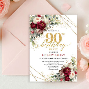 Luxury Burgundy Floral Gold 90th Birthday Invite