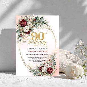 Luxury Burgundy Floral Gold Greenery 90th Birthday Invitation