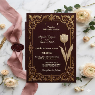 Luxury Burgundy Gold Baroque Tulip Ivory Wedding Invitation