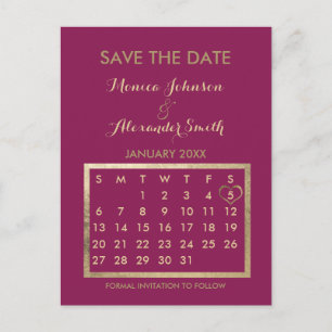 Luxury Burgundy Gold Calendar Save the Date Announcement Postcard
