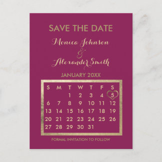 Luxury Burgundy Gold Calendar Save the Date Announcement Postcard