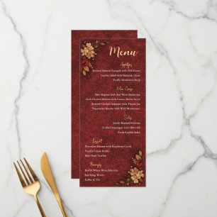 Luxury Burgundy & Gold Floral Wedding Menu Card