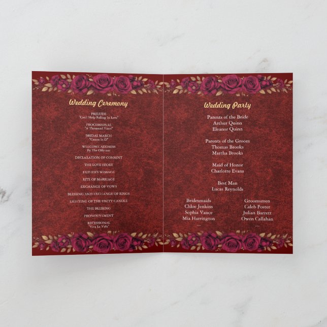 Luxury Burgundy & Gold Floral Wedding Program  Programme (Inside)