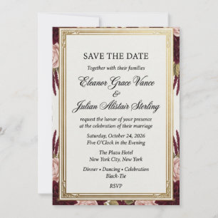 Luxury Burgundy & Gold Foil Frame Save the Date Invitation