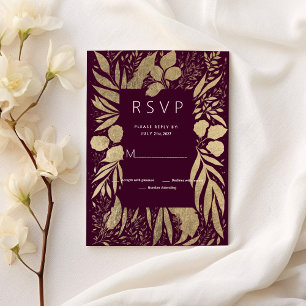 Luxury burgundy gold foliage floral RSVP  Invitation