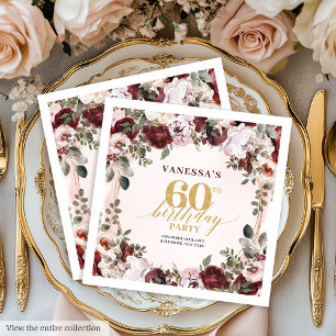 Luxury Burgundy Gold Roses Boho 60th Napkins