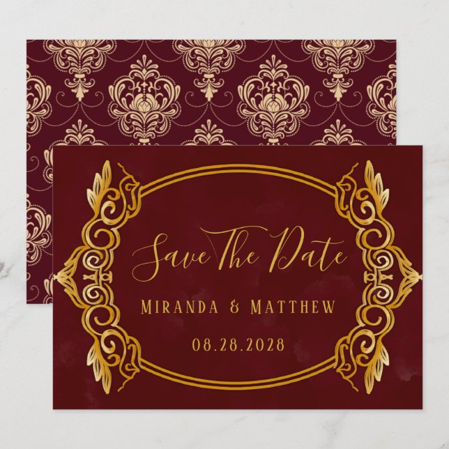 Luxury Burgundy & Gold Royal Save The Date Cards (Front/Back)