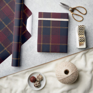 Luxury Burgundy Navy & Gold Tartan Wrapping Paper