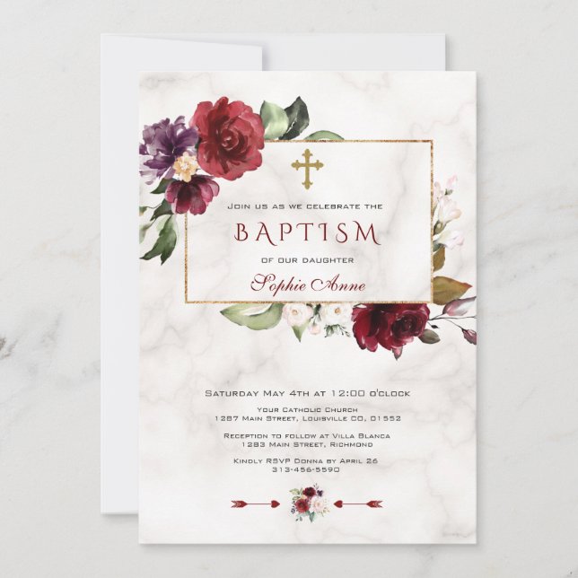 Luxury Burgundy Pink Floral Frame Marble Baptism Invitation (Front)