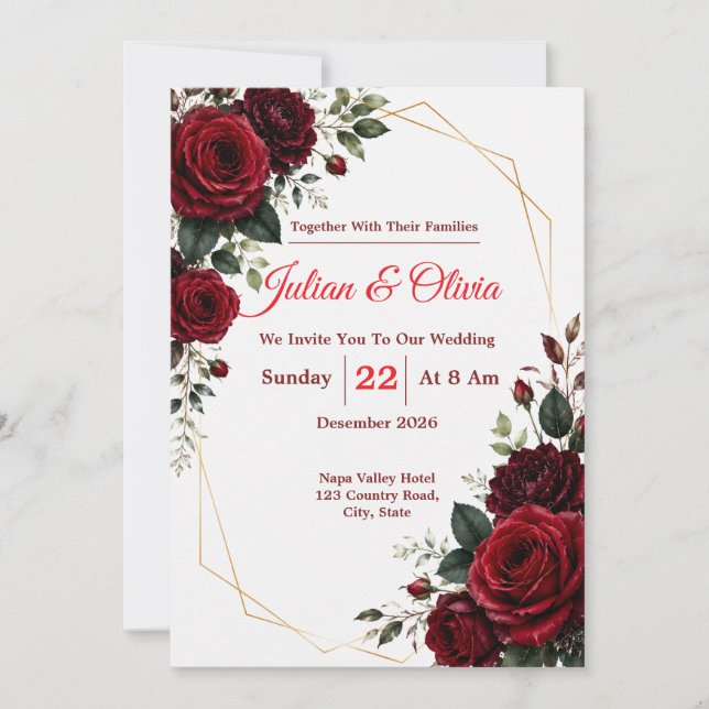 Luxury Burgundy Red Rose Wedding Invitation (Front)
