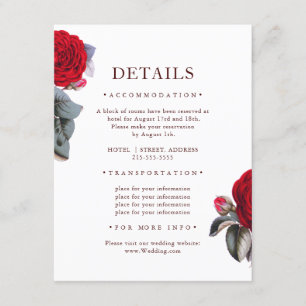 Luxury Burgundy Red roses. Floral Wedding Details Enclosure Card