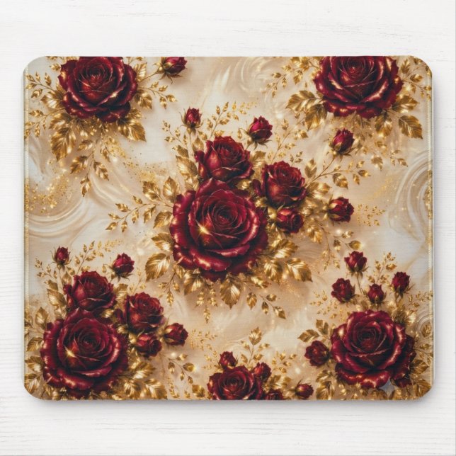 Luxury Burgundy Red Roses & Gold Square Mousepad (Front)